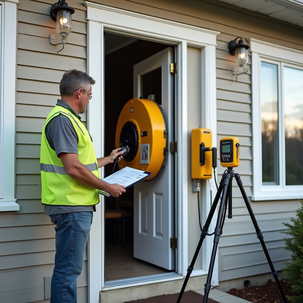 Blower door test equipment installed in residential doorway during air leakage testing