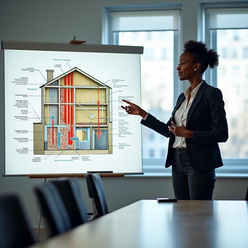 Building science diagram showing heat flow, air movement, and moisture control in building envelope