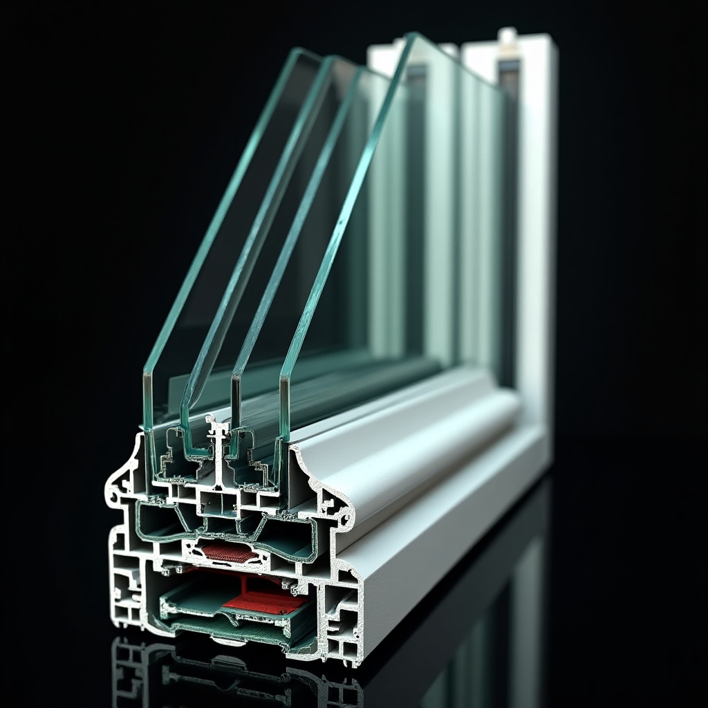 Cross-section of triple-glazed window showing glass layers and gas fills